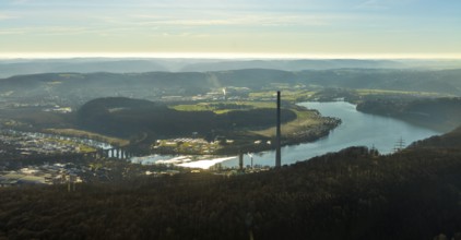 Aerial view, landscape panorama, Harkortsee, river Ruhr, view to Hagen-Vorhalle, Herdecke, Ruhr