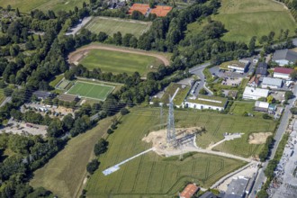 Aerial view, commercial area Gahlenfeld, construction site, power line, sports facility
