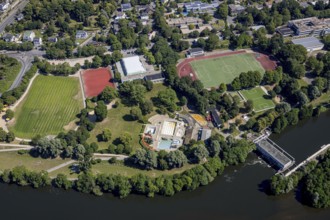Aerial view, sports and leisure centre Bleichstein, outdoor swimming pool Herdecke, Herdecke, Ruhr