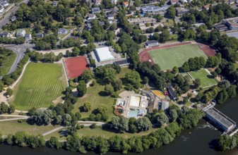 Aerial view, sports and leisure centre Bleichstein, outdoor swimming pool Herdecke, Herdecke, Ruhr