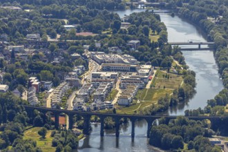 Aerial view, Quartier Ruhr-Aue Center, Ruhr promenade, Ruhr river, Ruhr viaduct Herdecke, Ruhr