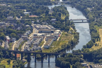 Aerial view, Quartier Ruhr-Aue Center, Ruhr promenade, Ruhr river, Ruhr viaduct Herdecke, Ruhr
