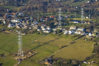 Aerial photo, construction power line Dortmund-Hagen, power pylons, high voltage, Ostend, Herdecke,