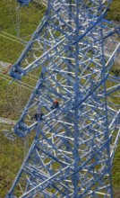 Aerial photo, construction power line Dortmund-Hagen, climber in power pylon, worker, height