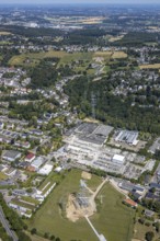 Aerial view, industrial estate Loerfeld, Basamentwerke Böcke GmbH, construction site power line,