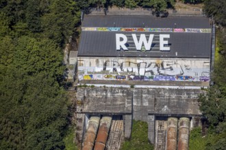Aerial photo, graffiti, RWE pumped storage power plant Herdecke, Köpchenwerk, Herdecke, Ruhr area,