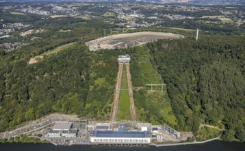Aerial view, river Ruhr, RWE pumped storage power plant, Köpchenwerk, storage basin, Herdecke, Ruhr