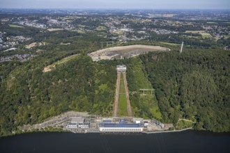 Aerial view, river Ruhr, RWE pumped storage power plant, Köpchenwerk, storage basin, Herdecke, Ruhr