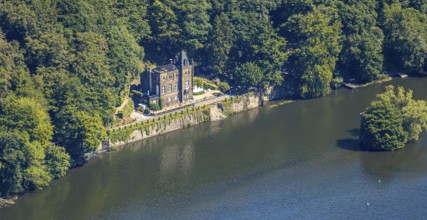 Aerial view, Seeschlösschen Niedernhof, Hengsteysee, Mäuseturm on an island in the Hengsteysee,
