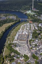 Aerial view, river Ruhr, Ruhr-Aue Center quarter, Ruhr-Viadukt, Herdecke, Ruhr area, North