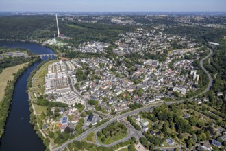 Aerial view, river Ruhr, Ruhr-Aue Center quarter, Ruhr-Viadukt, Herdecke, Ruhr area, North
