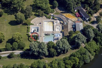 Aerial view, outdoor swimming pool Herdecke, empty swimming pool, Herdecke, Ruhr area, North