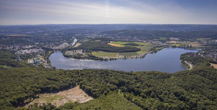 Aerial view, Harkortsee, view to Kaisberg Hagen-Vorhalle, campsite at Harkortsee, weather, Ruhr