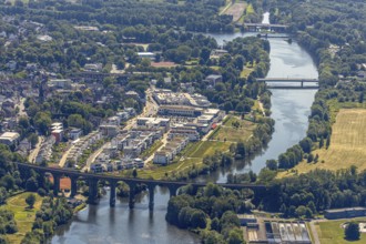 Aerial view, Quartier Ruhr-Aue Center, Ruhr promenade, Ruhr river, Ruhr viaduct Herdecke, Ruhr