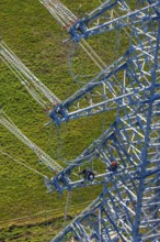 Aerial photo, construction power line Dortmund-Hagen, climber in power pylon, worker, height