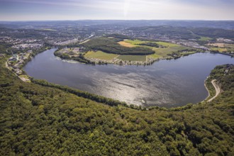 Aerial view, Harkortsee, view to Kaisberg Hagen-Vorhalle, campsite at Harkortsee, weather, Ruhr