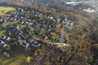 Aerial photo, construction power line Dortmund-Hagen, power pylons, high voltage, Ostend, Herdecke,