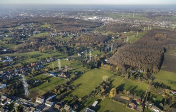 Aerial photo, construction power line Dortmund-Hagen, power pylons, high voltage, Ostend, Herdecke,