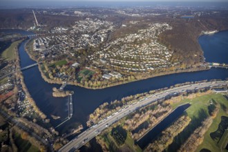 Aerial view, overview Herdecke, Heygsteysee, Harkortsee, Cuno power plant, Köpchenwerk, RWE pumped