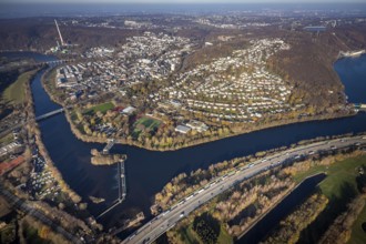 Aerial view, overview Herdecke, Heygsteysee, Harkortsee, Cuno power plant, Köpchenwerk, RWE pumped