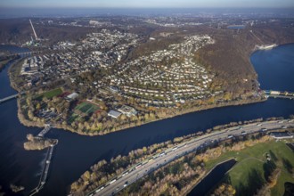 Aerial view, overview Herdecke, Heygsteysee, Harkortsee, Cuno power plant, Köpchenwerk, RWE pumped