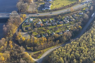 Aerial view, allotment garden association Ruhraue, allotment garden houses, Herdecke, Ruhr area,