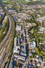 Aerial photograph, Marta Herford Museum, River Werre, Herford railway station, Herford city,