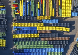 Aerial view, SULO Umwelttechnik GmbH, coloured waste bins, Herford city, Herford,