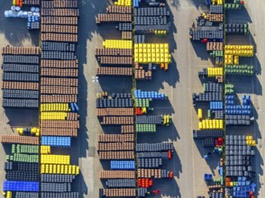 Aerial view, SULO Umwelttechnik GmbH, coloured waste bins, Herford city, Herford,