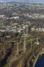 Aerial photo, construction power line Dortmund-Hagen, power pylons, high voltage, Ostend, Herdecke,