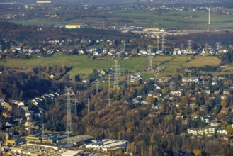 Aerial photo, construction power line Dortmund-Hagen, power pylons, high voltage, Ostend, Herdecke,