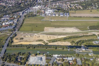 Aerial view, Hamm airfield, Lippe floodplain, Hamm lock, Lippe river, Datteln-Hamm canal,