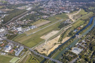 Aerial view, Hamm airfield, Mattenbecke sewage treatment plant, Lippe floodplain, Hamm lock, Lippe