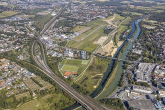 Aerial view, Hamm airfield, Mattenbecke sewage treatment plant, Lippe floodplain, Hamm lock, Lippe