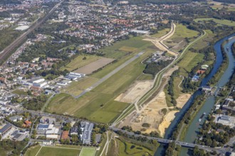 Aerial view, Hamm airfield, Mattenbecke sewage treatment plant, Lippe floodplain, Hamm lock, Lippe