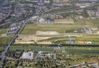 Aerial view, Hamm airfield, Mattenbecke sewage treatment plant, Lippe floodplain, Hamm lock, Lippe