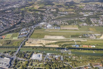 Aerial view, Hamm airfield, Mattenbecke sewage treatment plant, Lippe floodplain, Hamm lock, Lippe