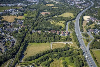 Aerial view, motorway A42, motorway junction Herne Börnig, residential area Sodinger Straße,