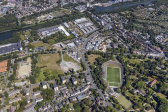 Aerial view, construction site Seniorcampus Herne - Protea wohnen am Schloss, real Arena, Sportclub