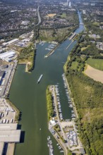 Aerial view, lock Herne-Ost, industrial estate Friedrich der Große, boats at the jetty, mooring