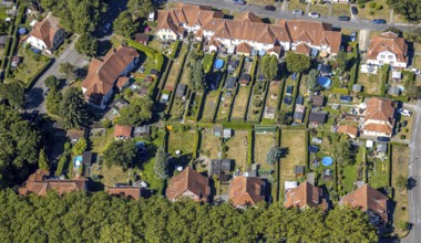 Aerial view, Teutoburgia housing estate with swimming pools in the back gardens, pools, garden