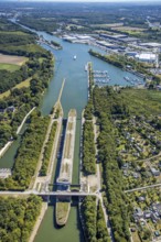 Aerial view, Herne East Lock, Friedrich der Große Industrial Estate, Boats on the jetty,
