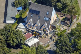 Aerial view, residential buildings Gneisenaustraße, renovation of a gabled house, Herne, Ruhr area,