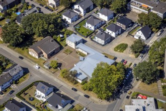 Aerial view, catholic church St. Pius, construction site new building, Herne, Ruhr area, North