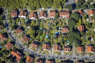 Aerial view, Teutoburgia housing estate with swimming pools in the back gardens, pools, garden