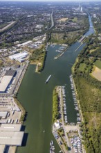 Aerial view, lock Herne-Ost, industrial estate Friedrich der Große, boats at the jetty, mooring