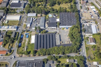Aerial view, industrial area Am Trimbuschhof, Werkshallenstraße, location for new fire station,