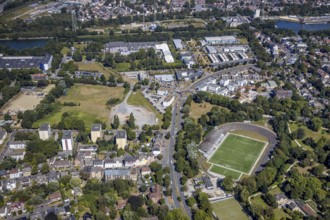 Aerial view, construction site Seniorcampus Herne - Protea wohnen am Schloss, real Arena, Sportclub