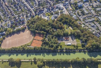 Aerial view, forest canal dump and old landfill, Haus Maximilian nursing home, Datteln-Hamm canal,