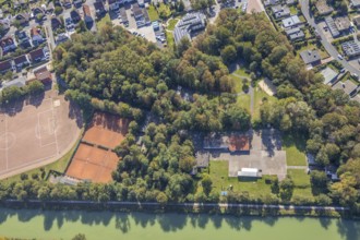 Aerial view, forest canal dump and old landfill, Haus Maximilian nursing home, Datteln-Hamm canal,